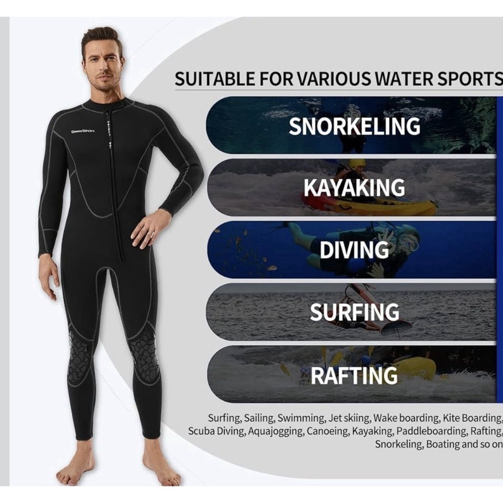 SeaSkin Mens Full Body Wetsuit‎ Black Neoprene Front Zip Diving Surfing Suit